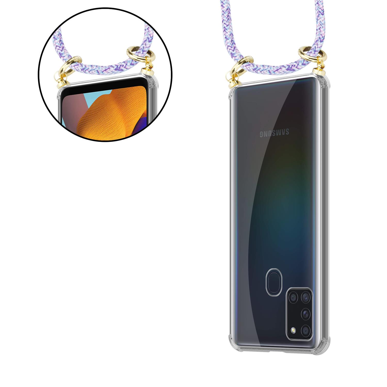 Custodia per telefono con cordino viola. La custodia è trasparente. Il telefono è nero.