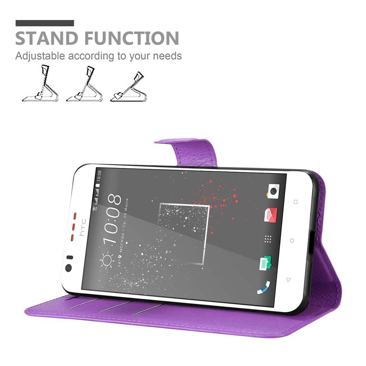 Custodia viola con telefono dentro, aperta. La custodia è in funzione stand.