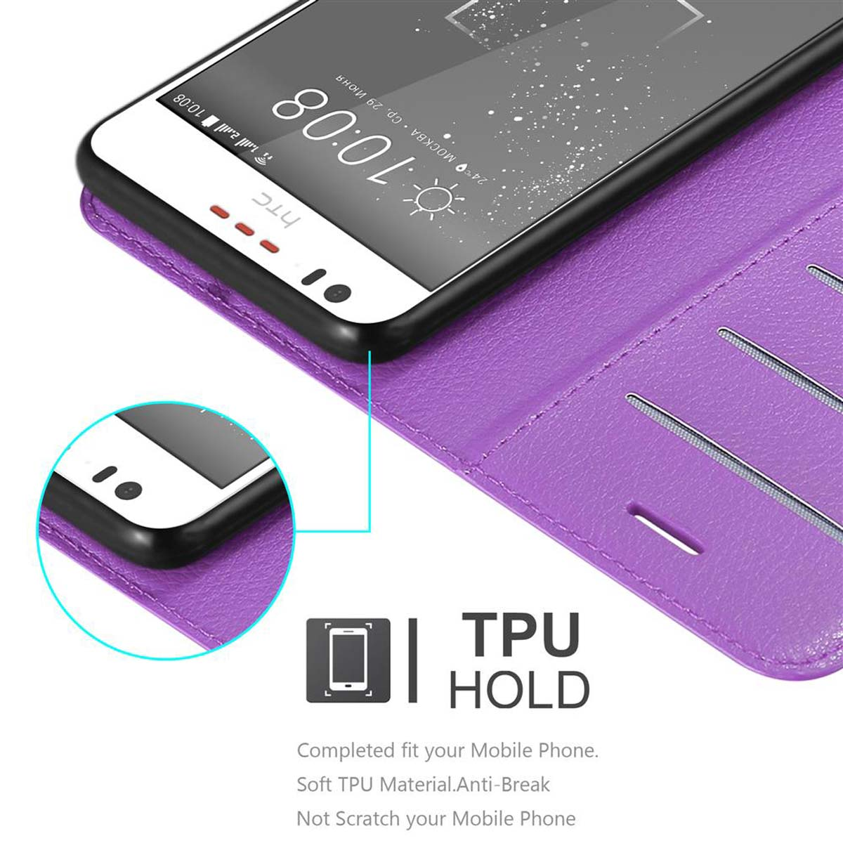 Custodia viola per telefono con un telefono. La custodia è aperta.