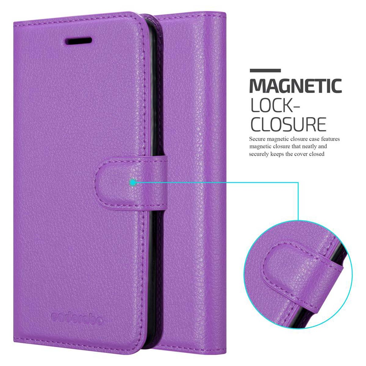 Custodia viola per telefono con chiusura magnetica, overlay di testo. La custodia è chiusa.