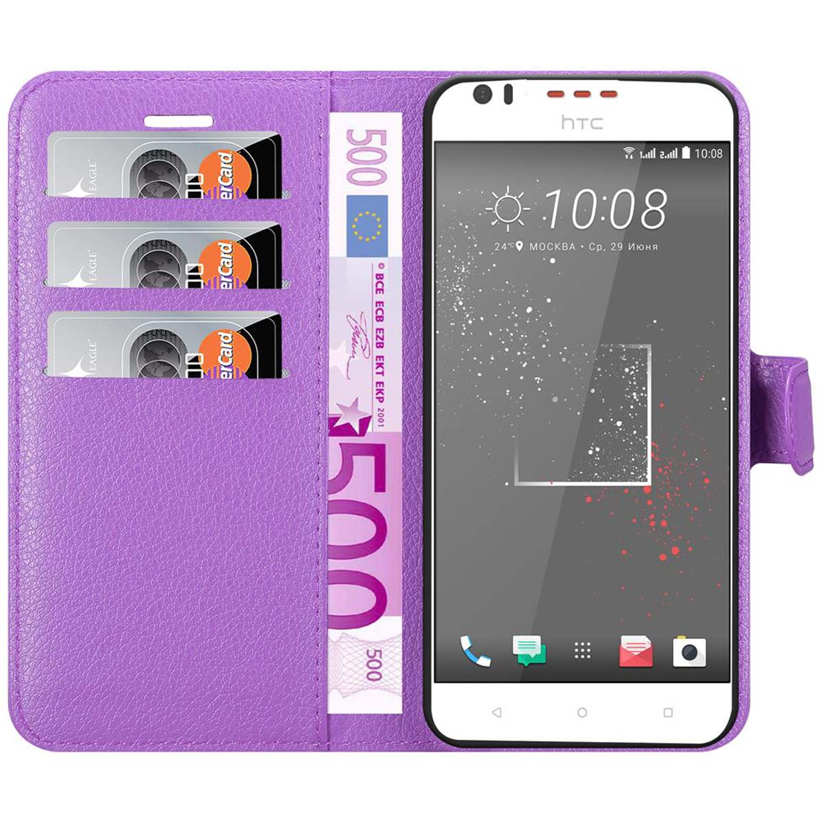 Telefono in custodia viola, soldi e carte di credito visibili.