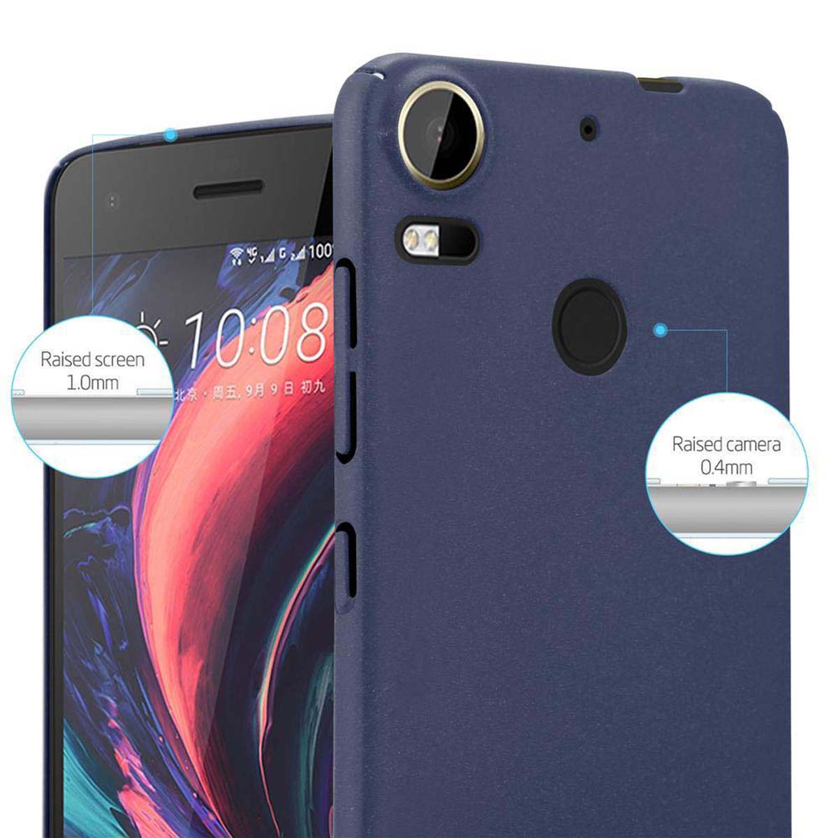 Un telefono in una custodia blu scuro. È mostrato un primo piano della custodia e del telefono.