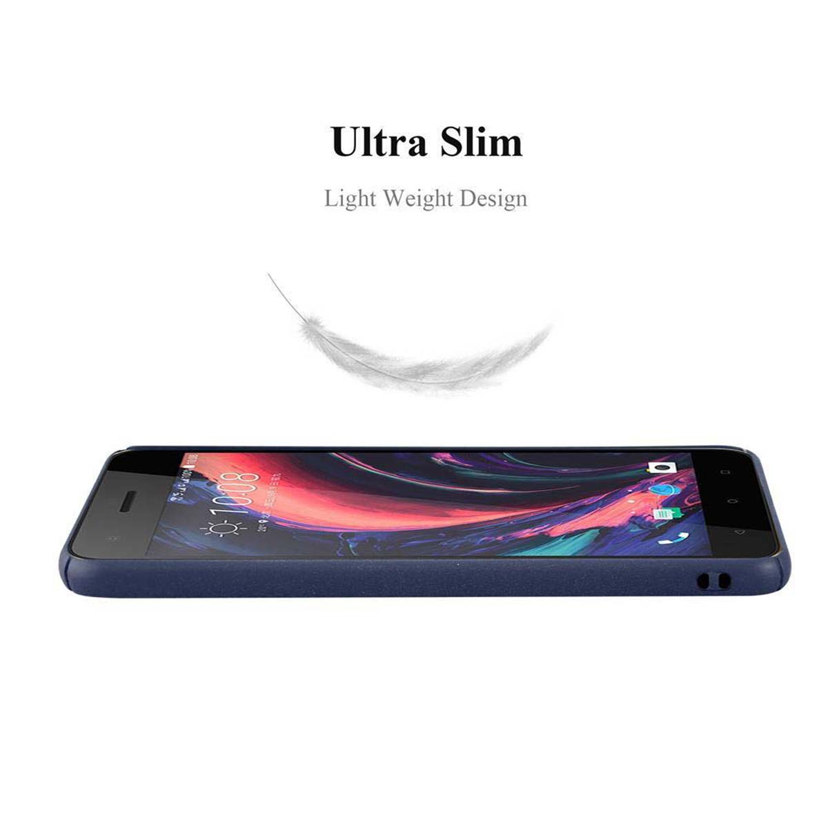 Un telefono blu giace orizzontalmente su una superficie bianca. Testo: 'Ultra Slim, Light Weight Design'.