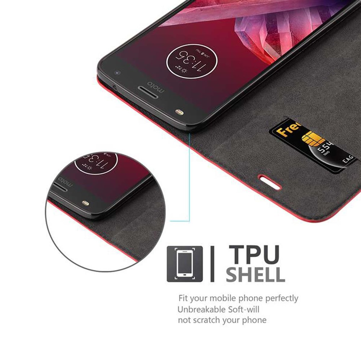 Un telefono in una custodia, con uno slot per una SIM card. Testo 'TPU SHELL'.