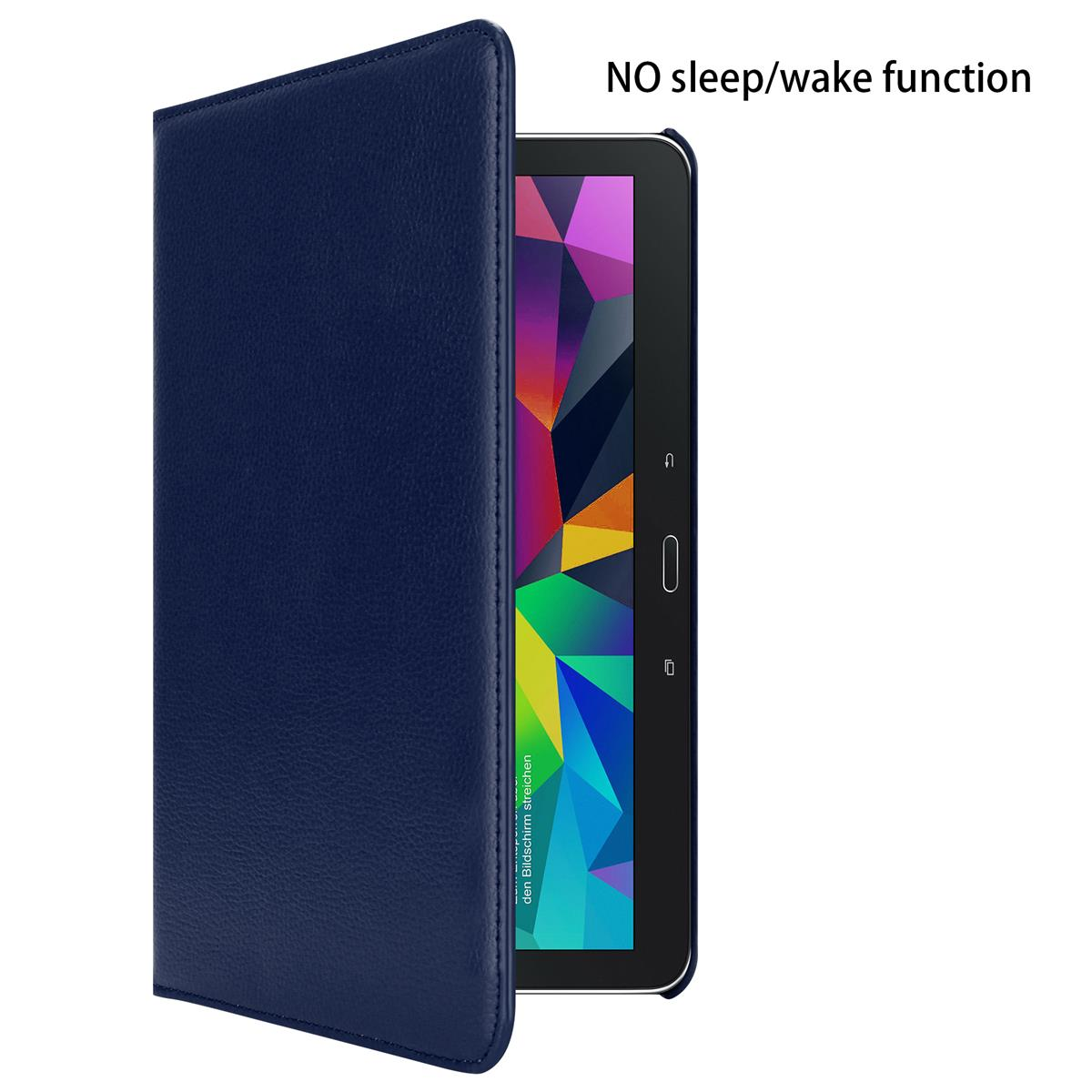 Tablet in custodia blu scuro. Custodia aperta che mostra lo schermo. Sfondo bianco.