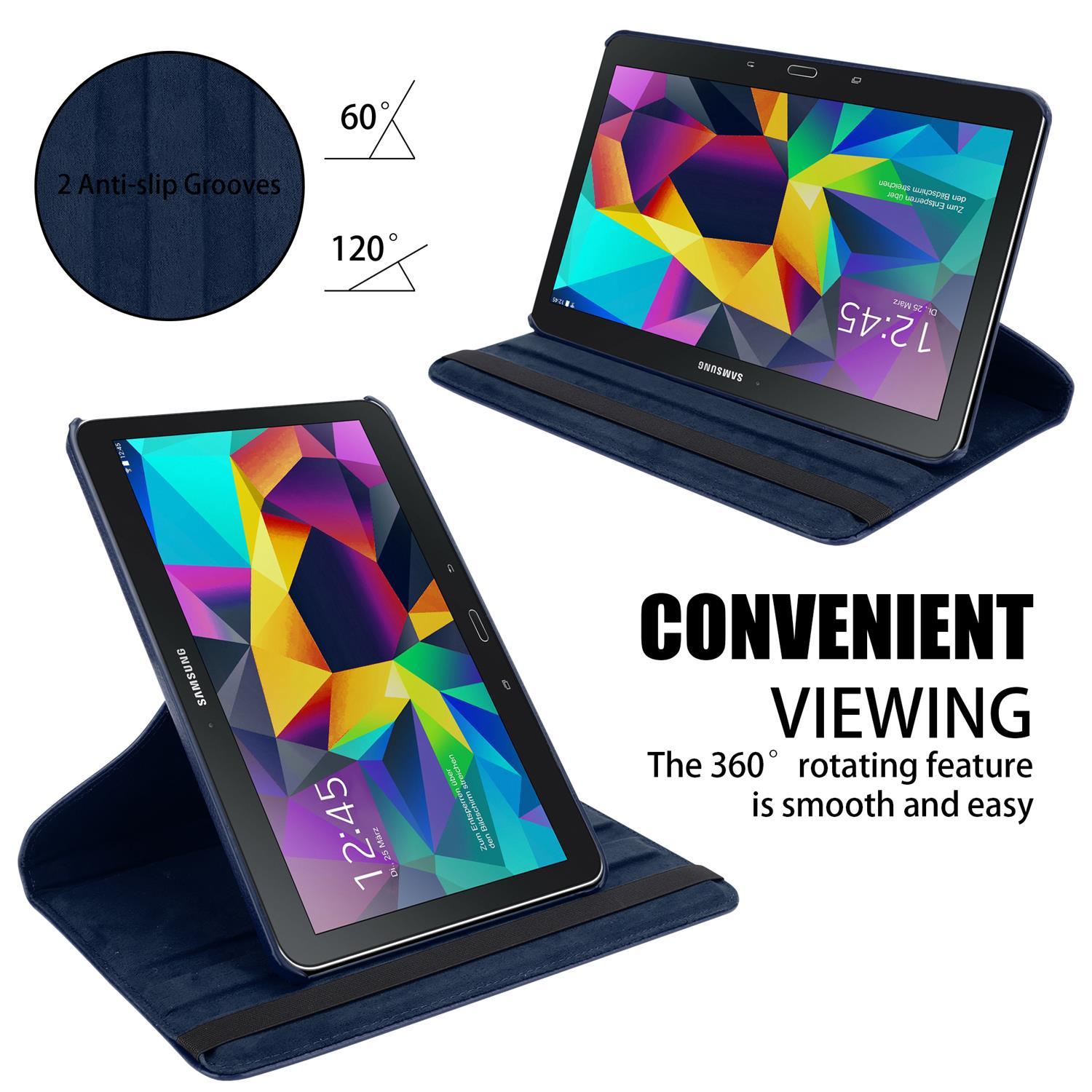 Tablet in una custodia blu. Il tablet è angolato, mostrando lo schermo.