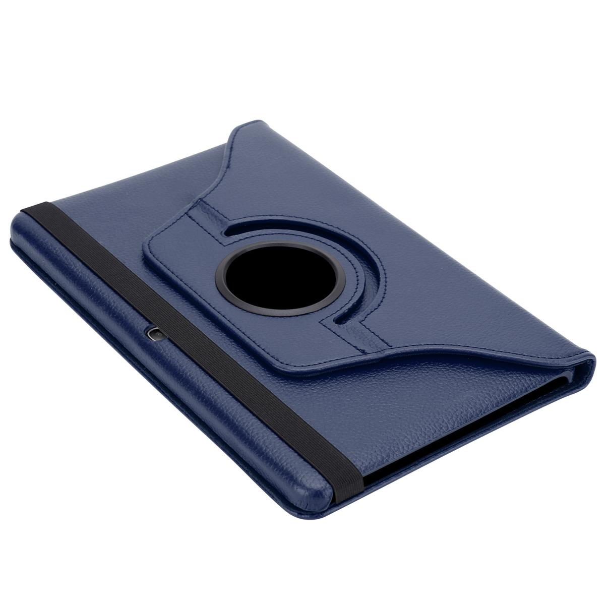 Custodia per tablet blu, chiusa. La custodia ha un elastico nero e un cerchio nero.