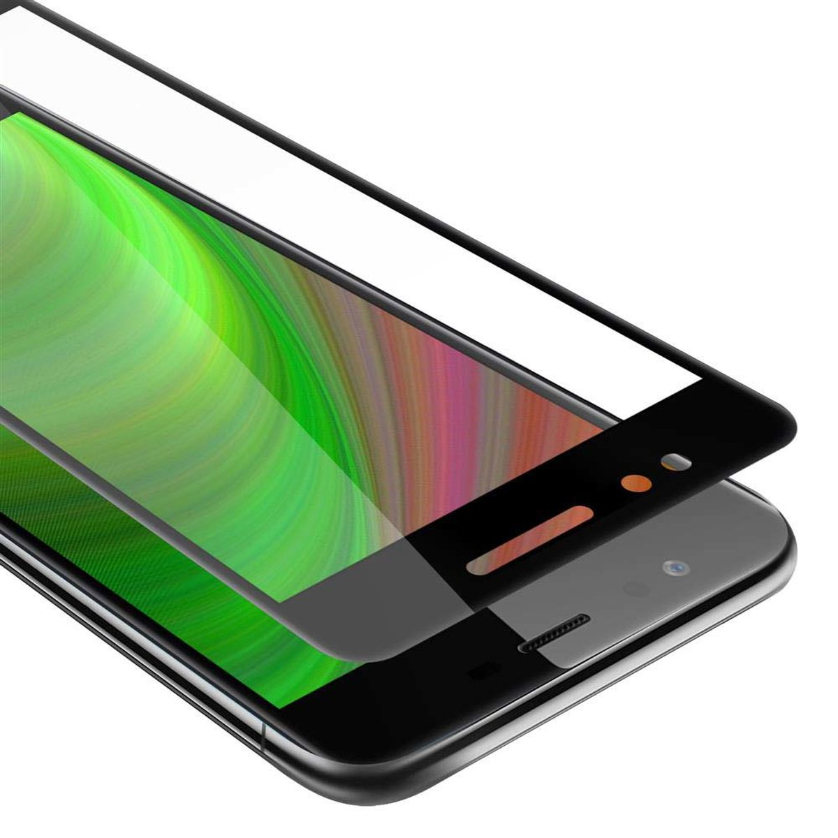 Un telefono con una protezione per lo schermo, che mostra lo schermo del telefono con colori verdi e bianchi.