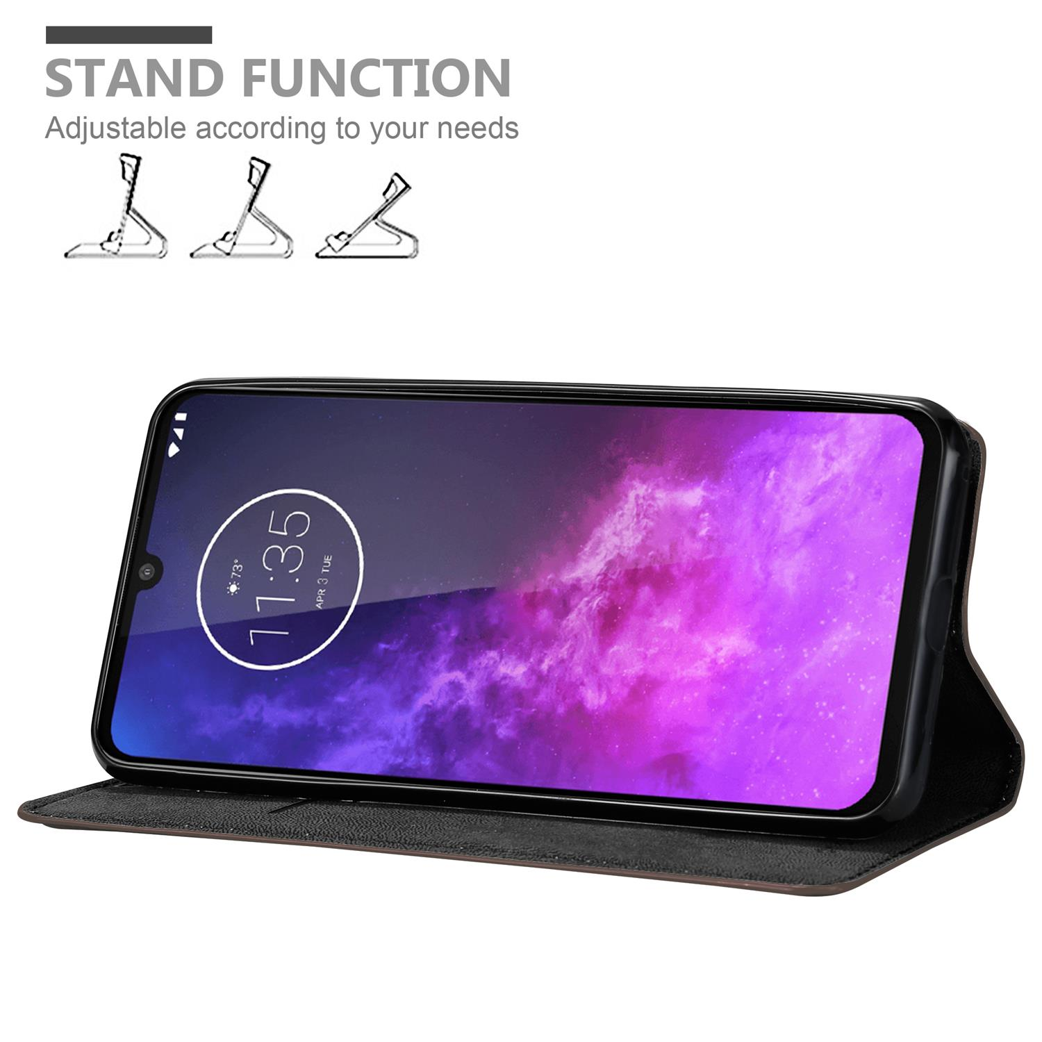 Schwarze Handyhülle mit Telefon, offen. Das Telefon steht auf dem Ständer.