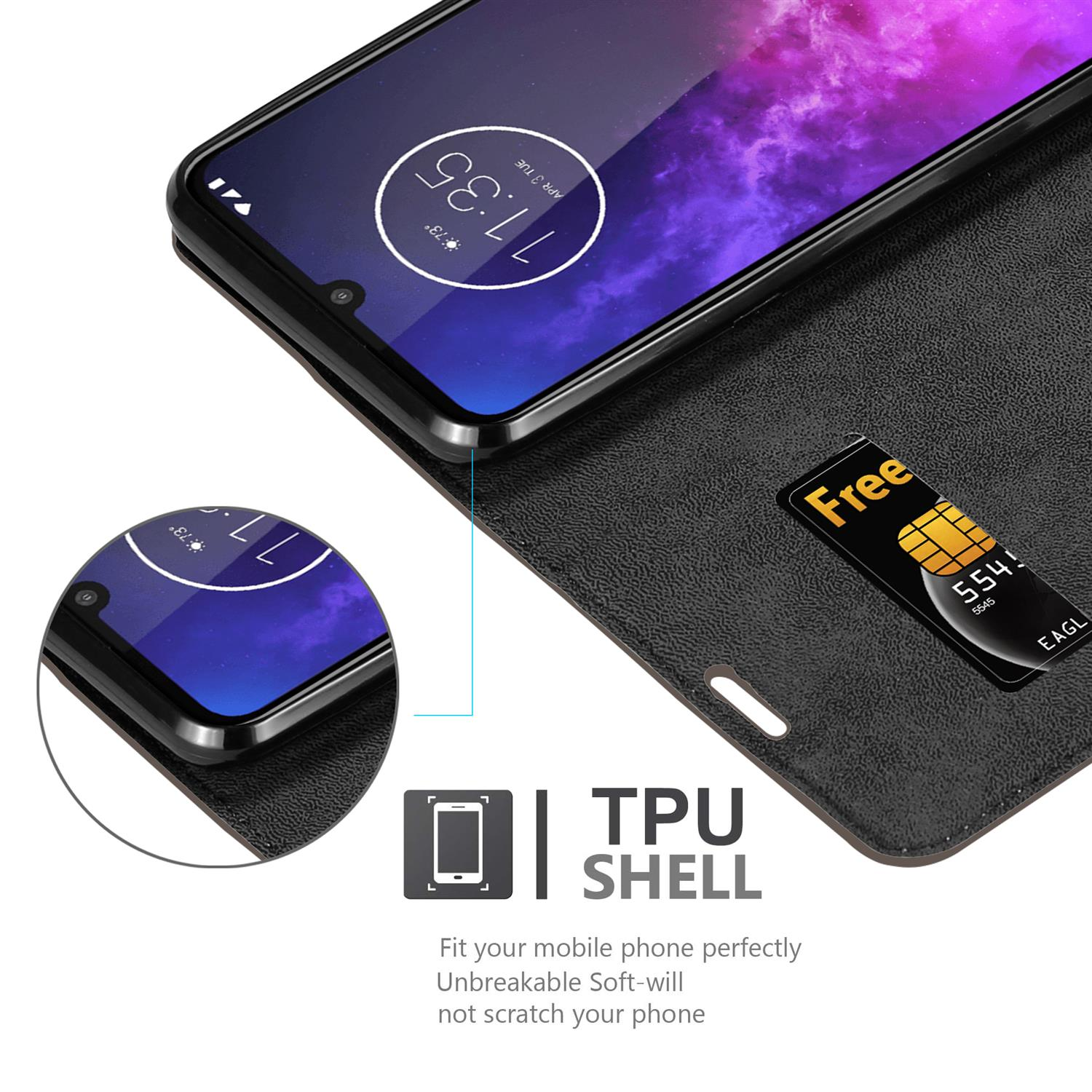 Schwarze Handyhülle mit SIM-Karte. Das Telefon zeigt die Uhrzeit 17:35 an.