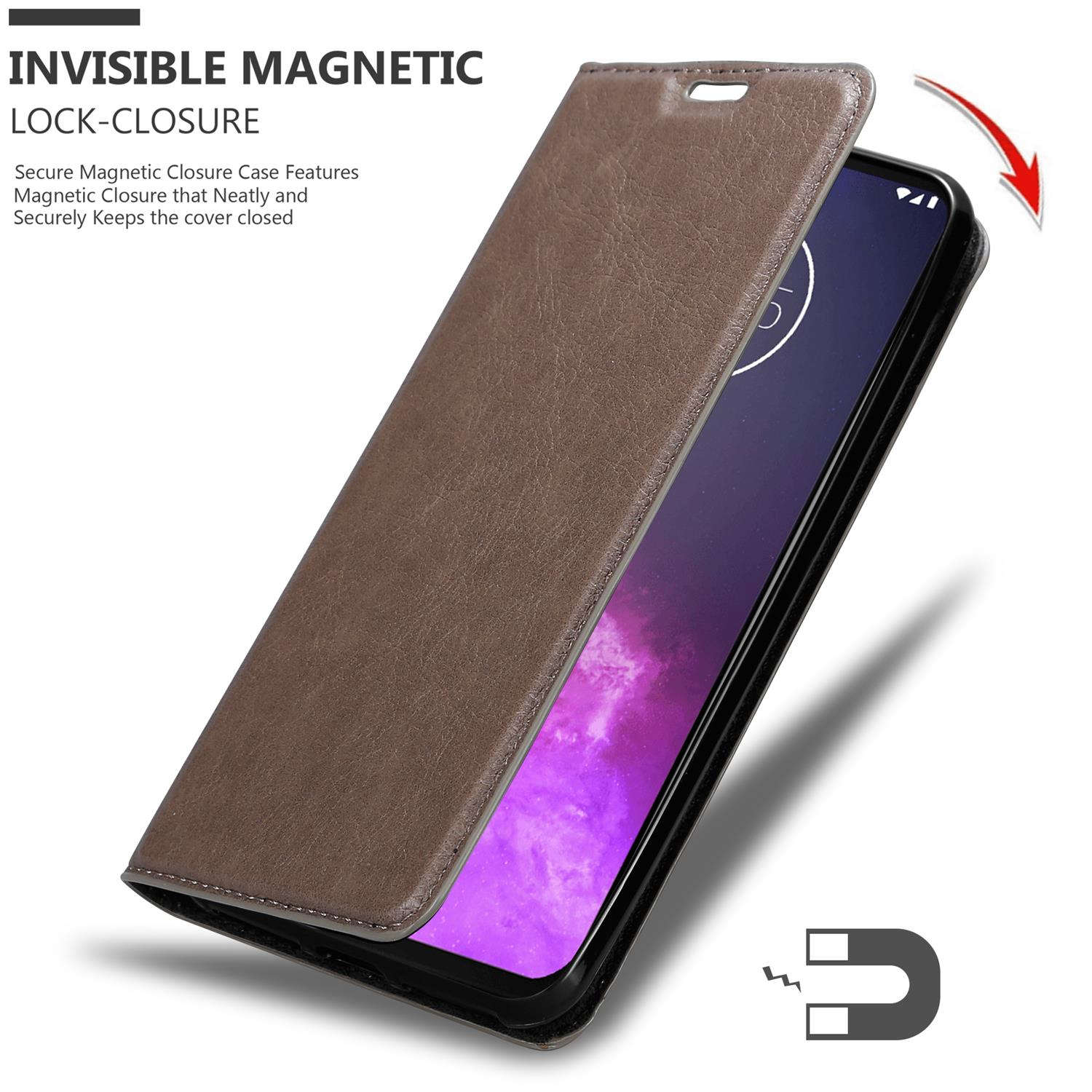Braune Handyhülle mit Magnetverschluss, die ein Telefon darin zeigt.