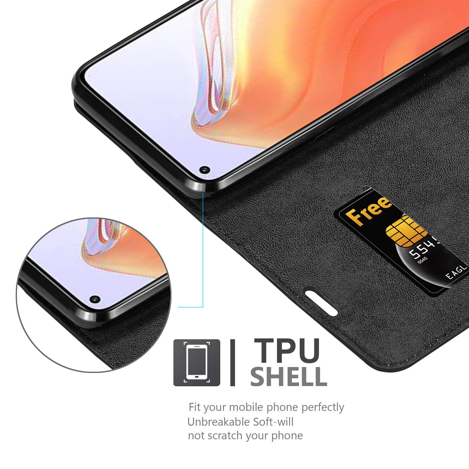 Custodia nera con un telefono. Testo: TPU SHELL. La custodia ha uno slot per schede.