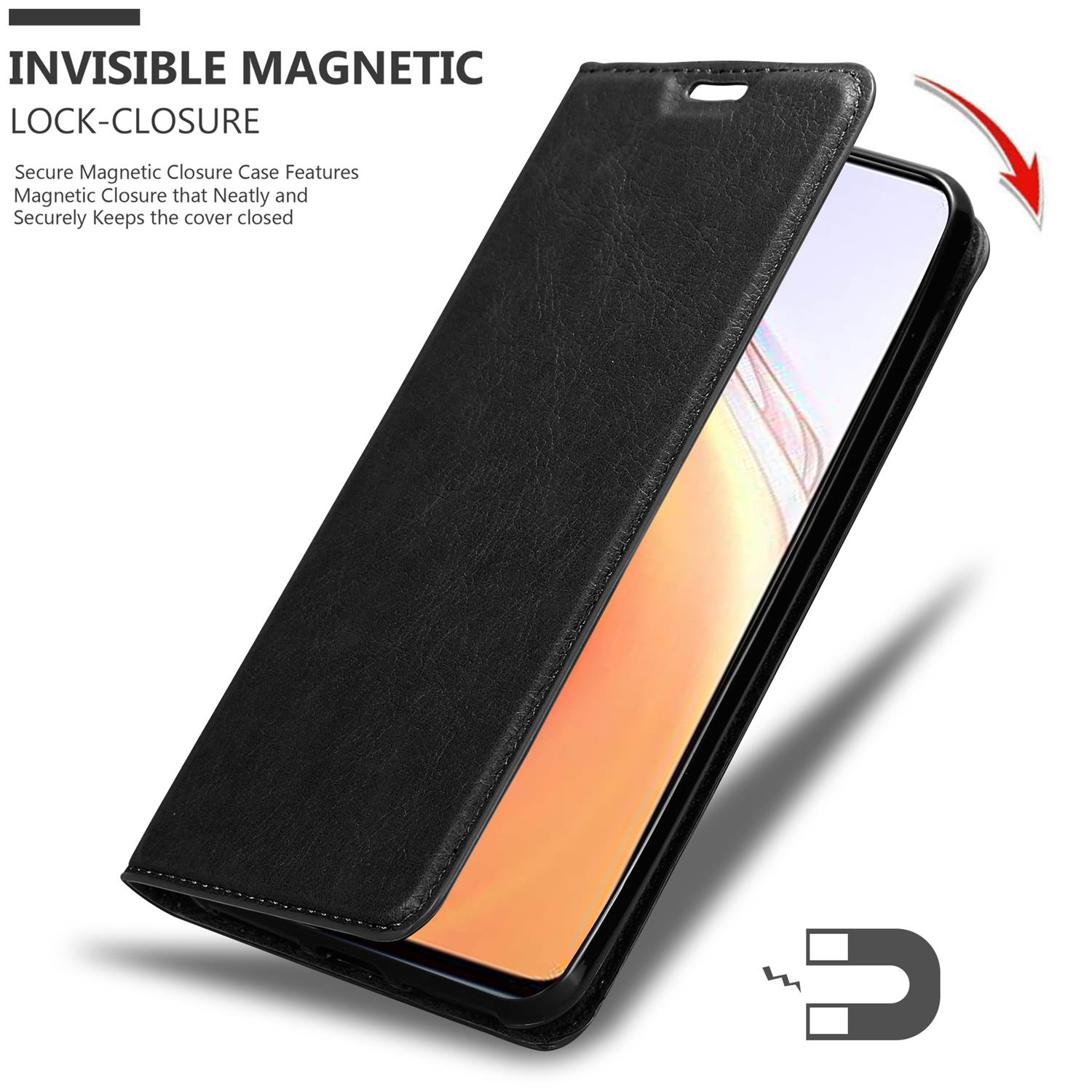 Schwarze Handyhülle geöffnet, zeigt den Bildschirm. Mit Magnetverschluss für sicheren Verschluss des Covers.