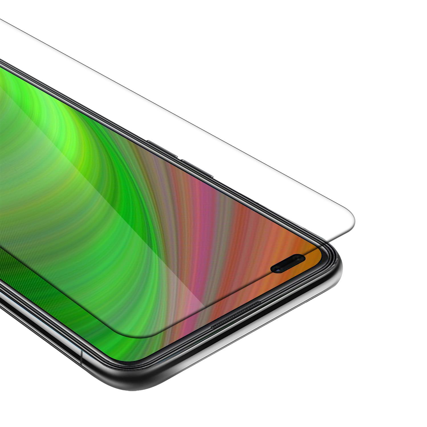 Uno schermo del telefono coperto da una protezione trasparente. Lo schermo mostra un'immagine colorata.