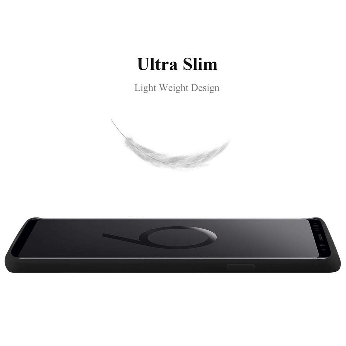 Un telefono nero con schermo con icone app e una piuma bianca su sfondo bianco.