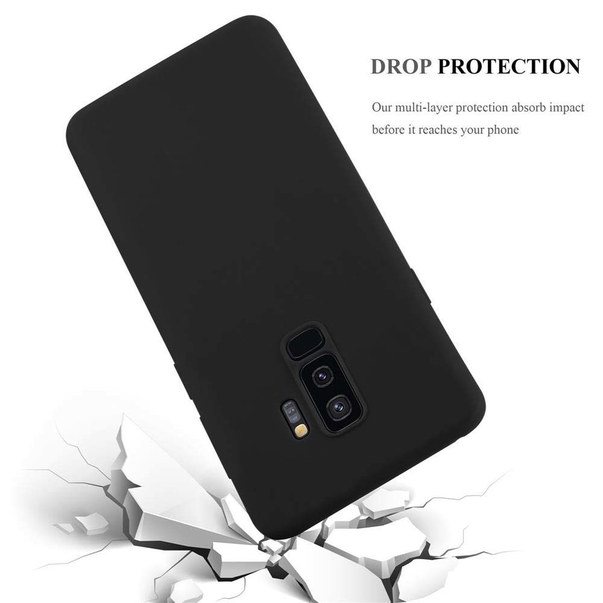 Custodia per telefono nera con un telefono, mostrato mentre cade su una superficie incrinata. Testo Drop Protection sopra.