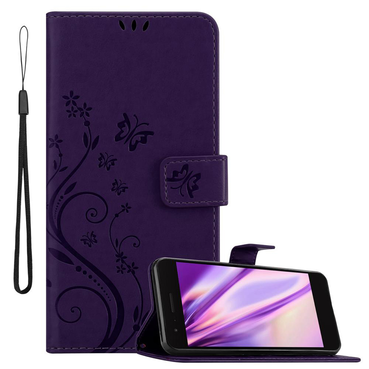 Una custodia per telefono viola con un design floreale. Il telefono è aperto, mostrando lo schermo.