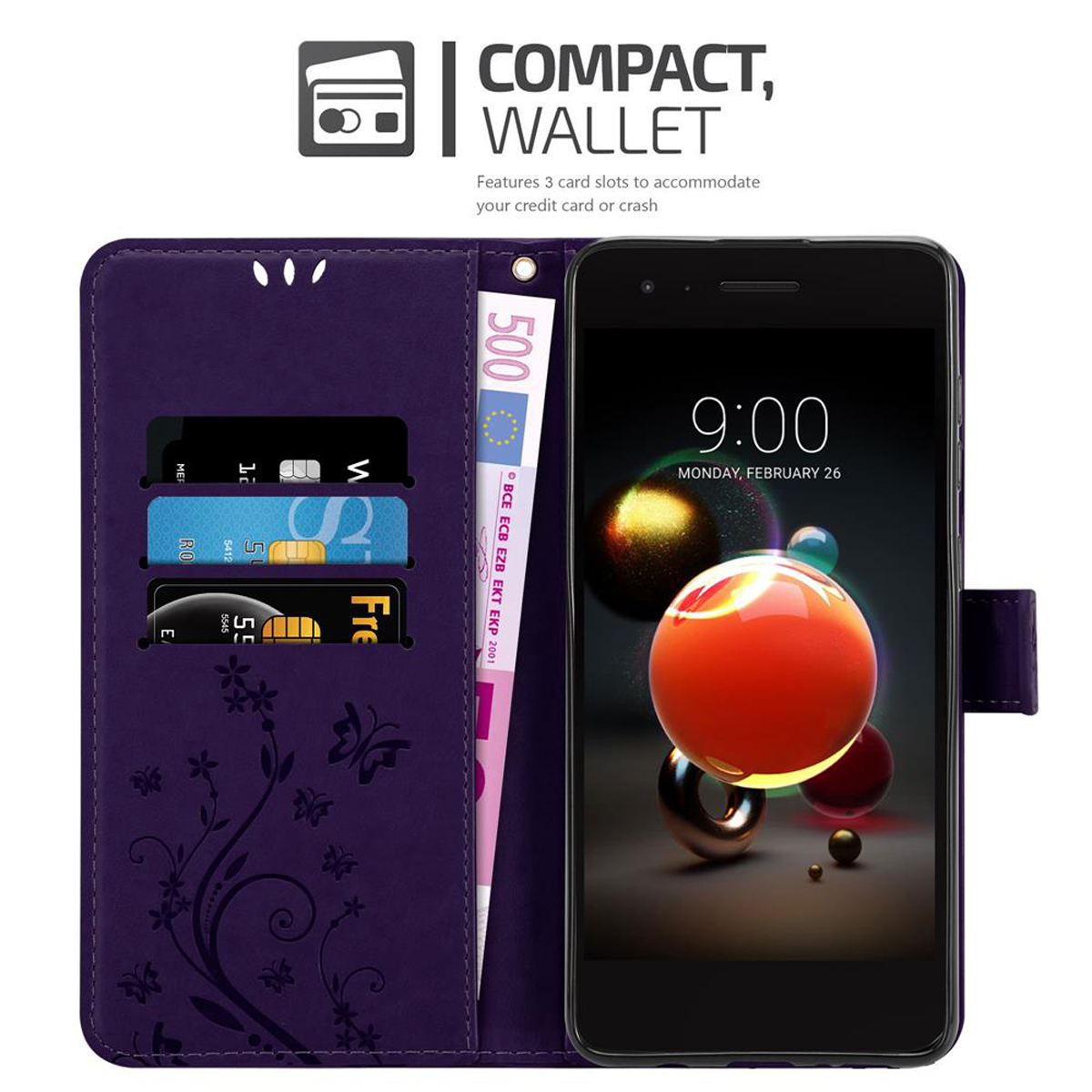 Custodia viola per telefono aperta con carte e denaro. Un telefono all'interno, che mostra una palla rossa.