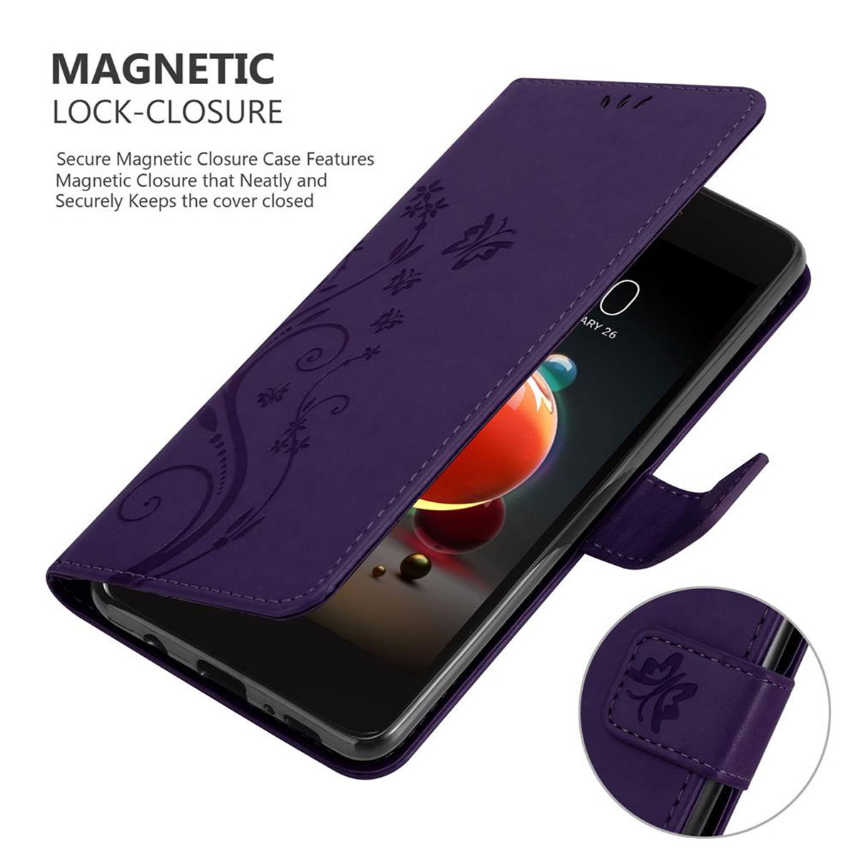 Custodia viola per telefono, aperta, con telefono all'interno. Testo: Chiusura magnetica. Design floreale.