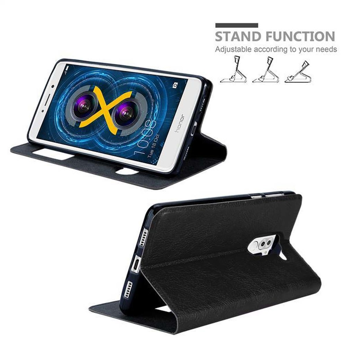 Custodia nera per telefono con funzione stand. Il telefono è sul supporto e il display è visibile.