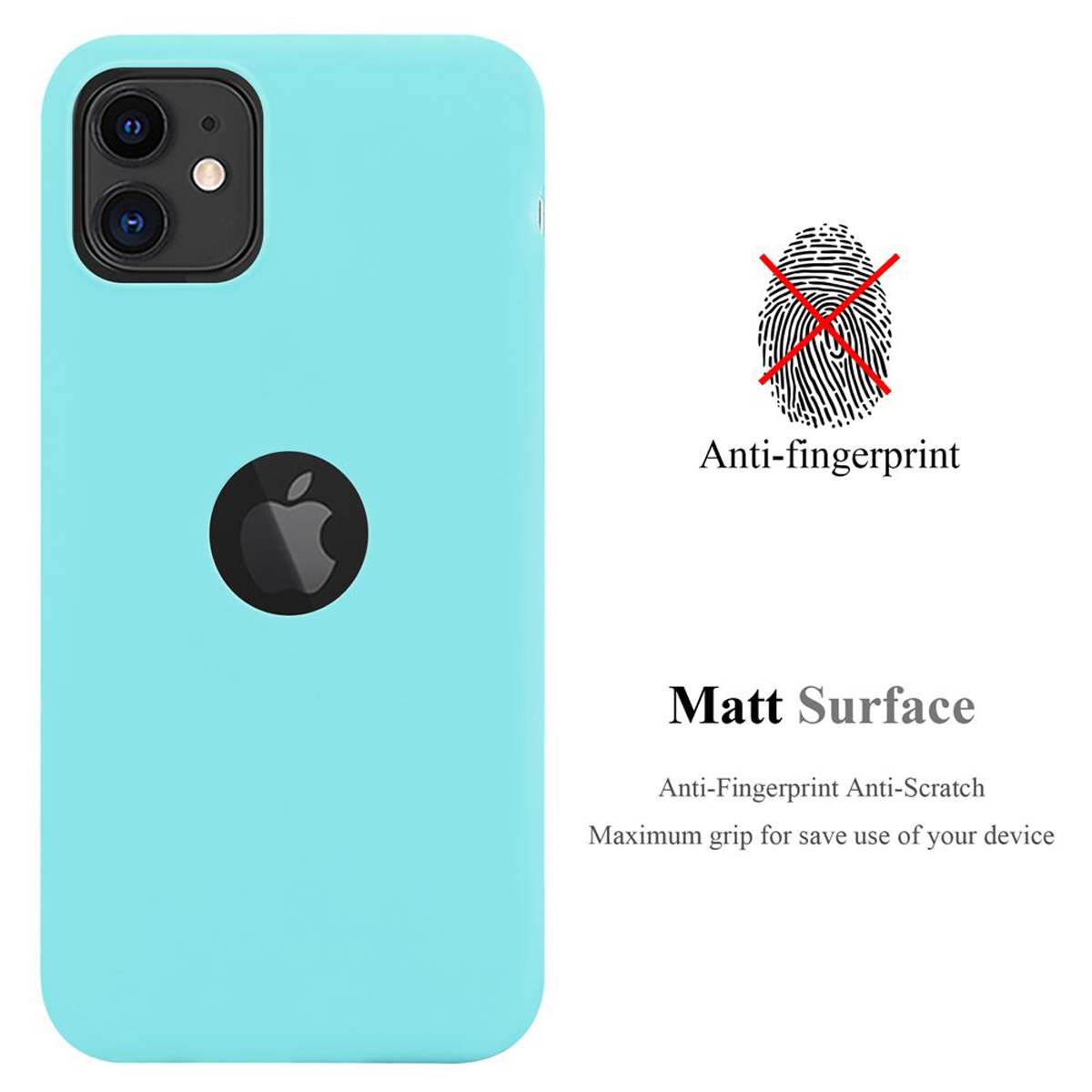 Una custodia per telefono azzurra con un logo Apple. Anti-impronte digitali. Sfondo bianco.