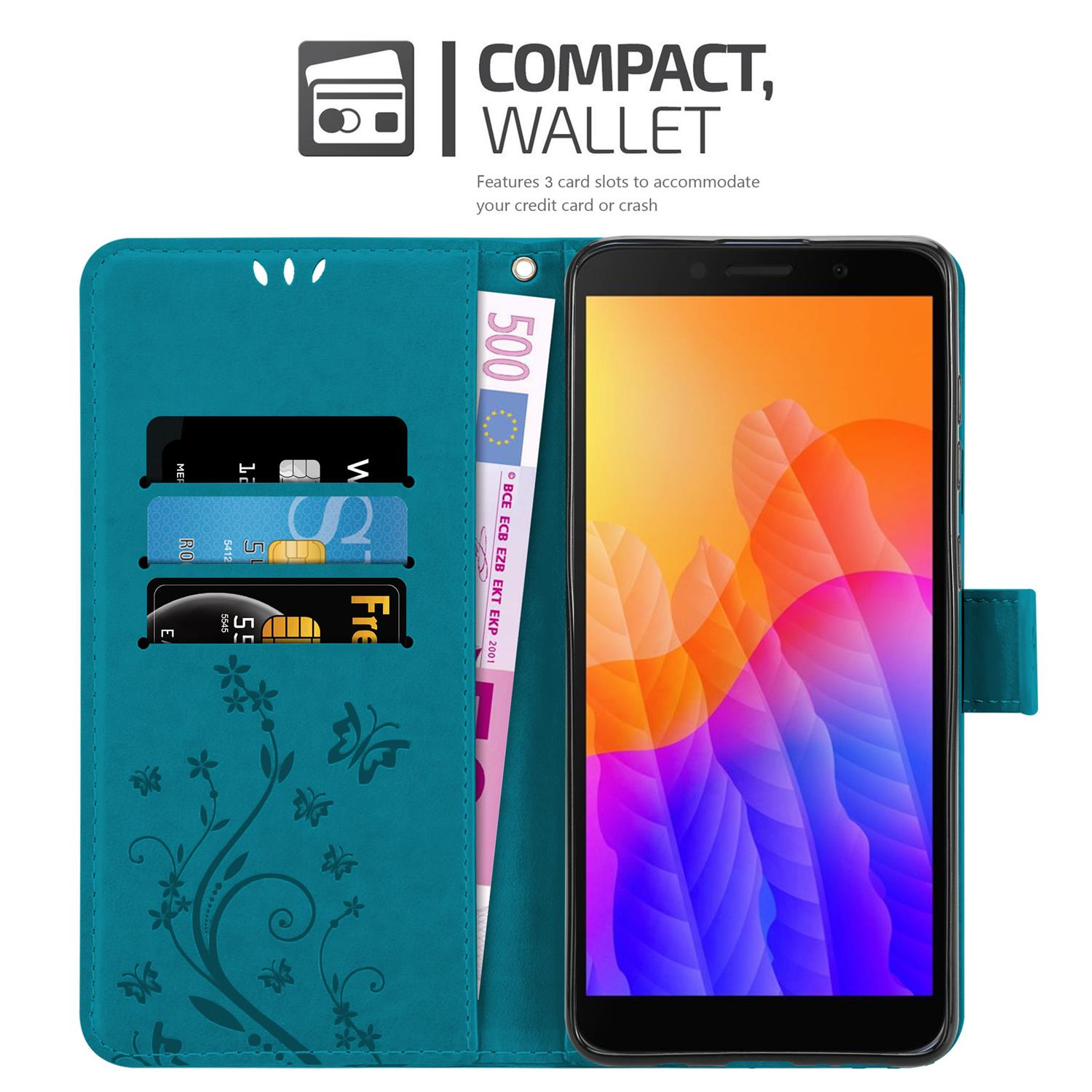 Custodia turchese per telefono aperta, con carte e denaro. Un telefono all'interno, che mostra un display colorato.