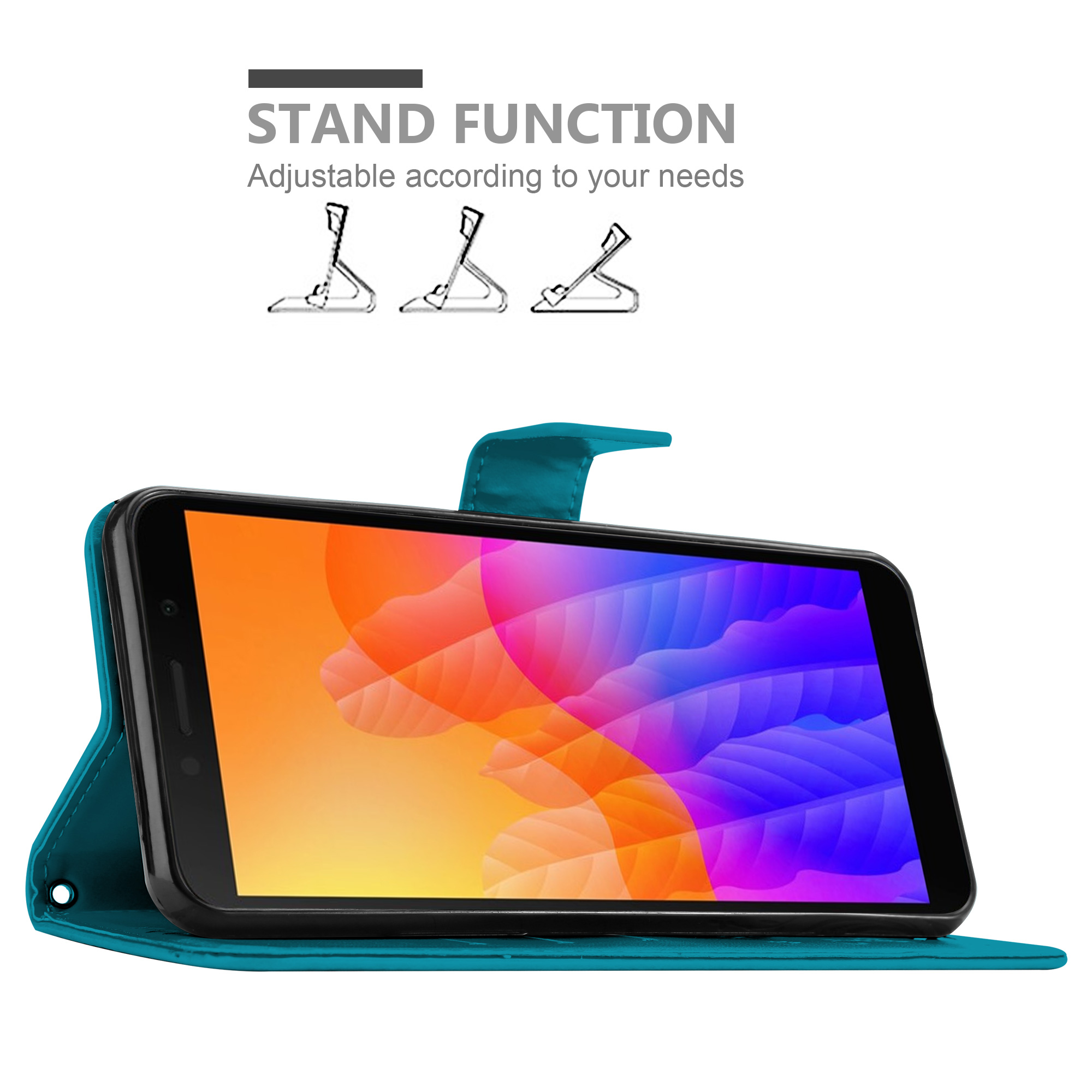 Telefono in una custodia color teal che mostra uno schermo colorato. Funzione supporto mostrata. La custodia è teal.