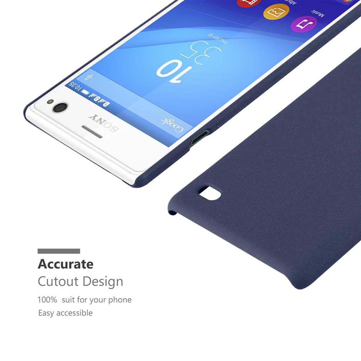 Un telefono e una custodia blu con un design ritagliato. Testo: Design ritagliato accurato.