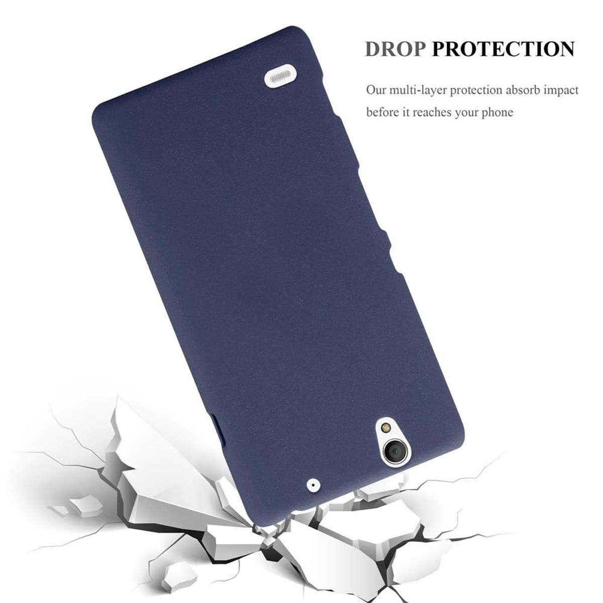 Custodia per telefono blu navy su una superficie bianca con crepe.