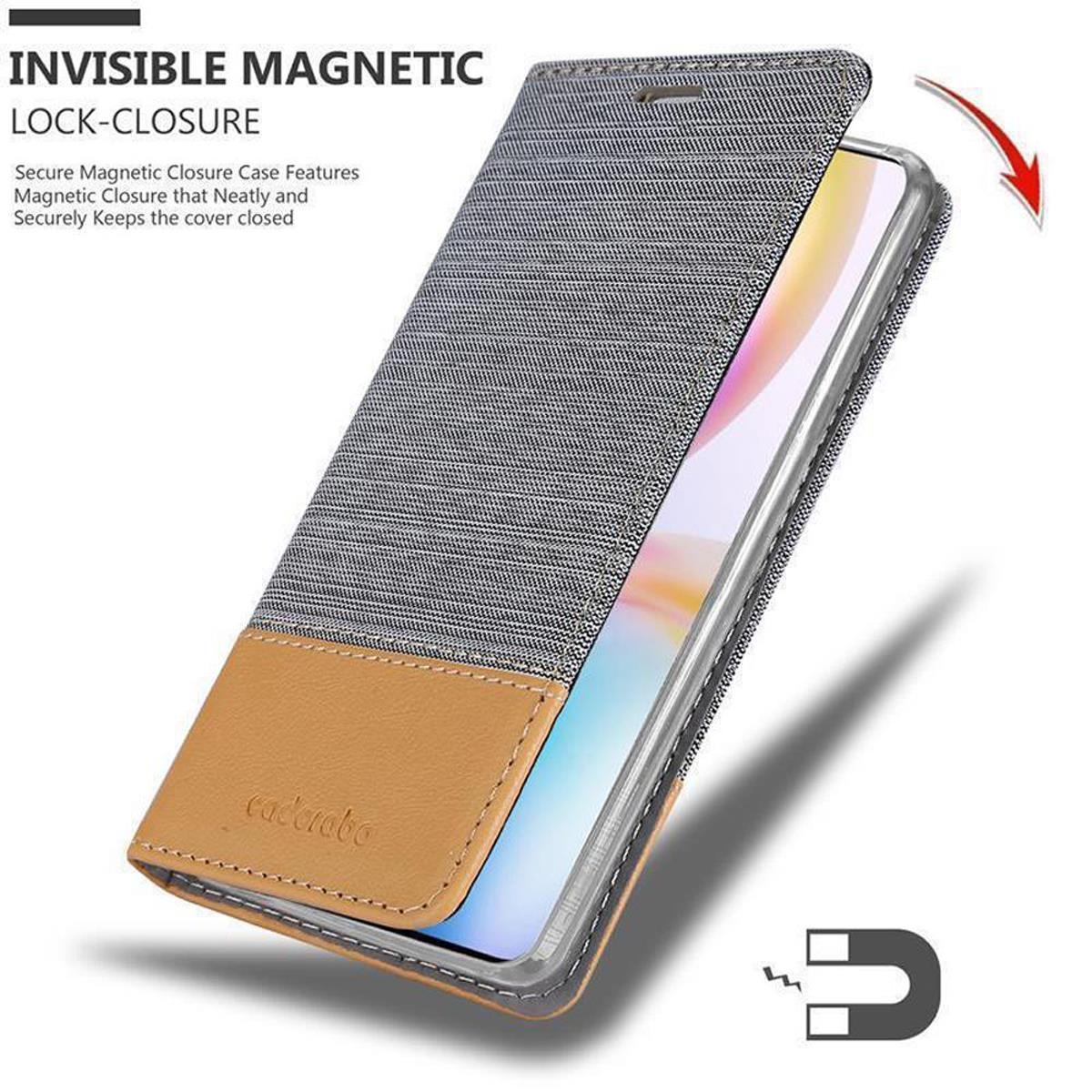 Una custodia grigia e marrone. Testo: Chiusura magnetica invisibile. Un telefono dentro.