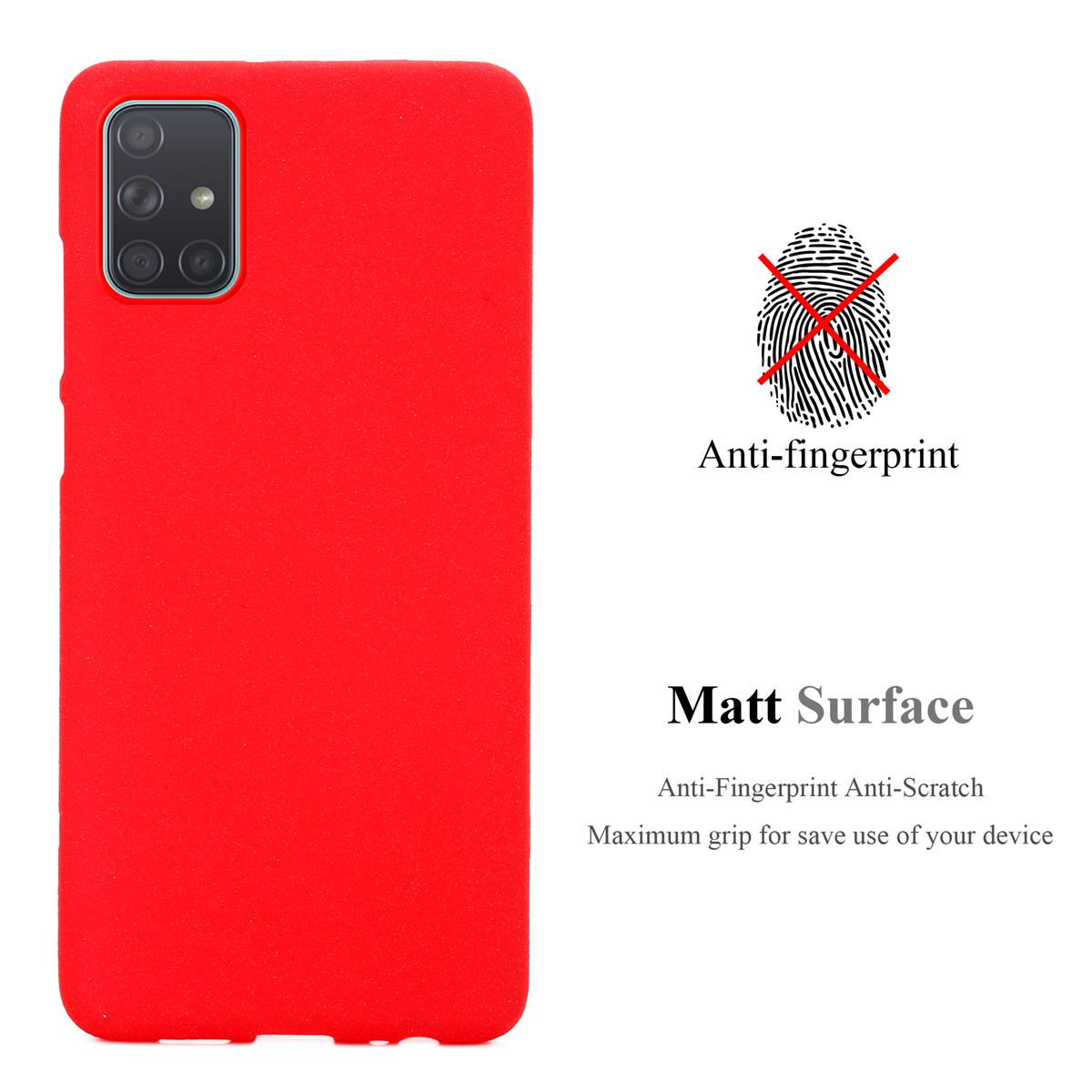 Custodia per telefono rossa con funzione anti-impronta, sfondo bianco.
