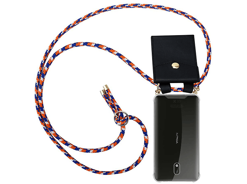 Nokia, abnehmbarer 2017, Gold ORANGE Hülle, Band Kordel WEIß BLAU Kette und CADORABO 3 Backcover, Handy mit Ringen,