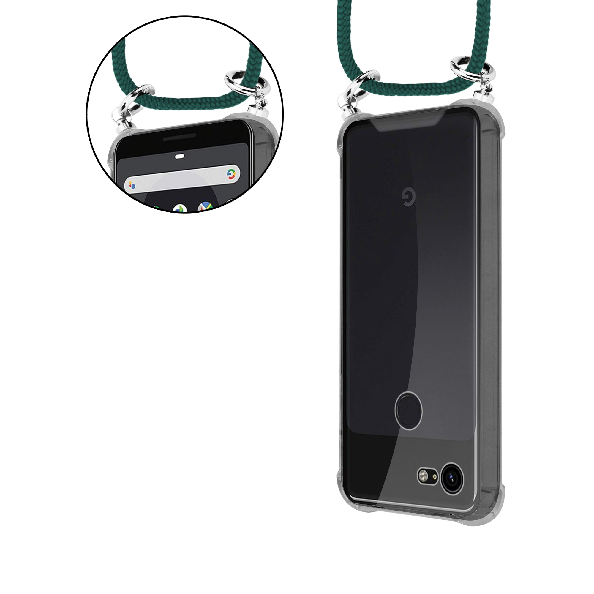 Custodia trasparente per telefono con cinturino verde. Telefono con schermo. Lo sfondo è bianco.
