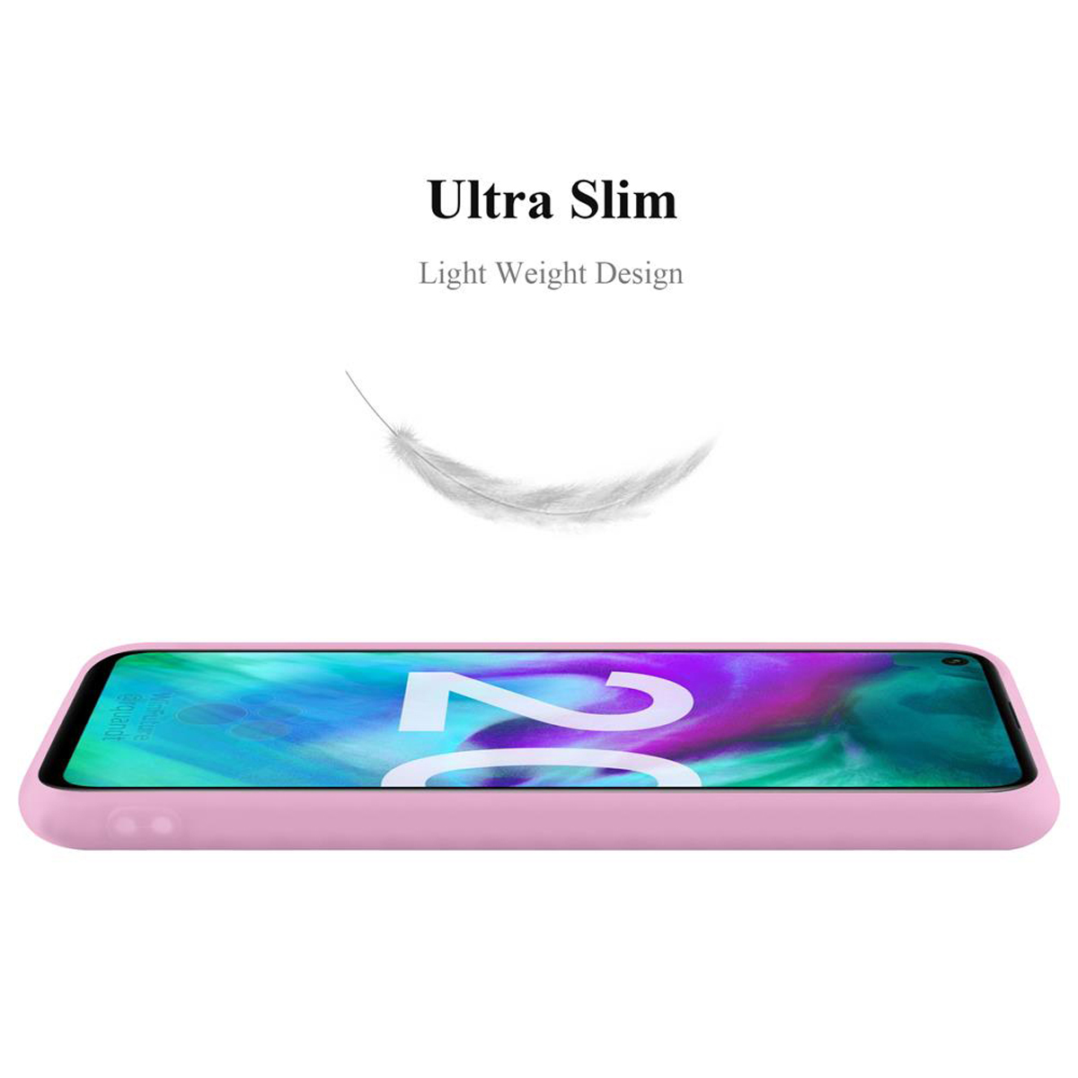 Rosa Handyhülle mit Telefon, Seitenansicht. Text: 'Ultra Slim' und 'Light Weight Design'.