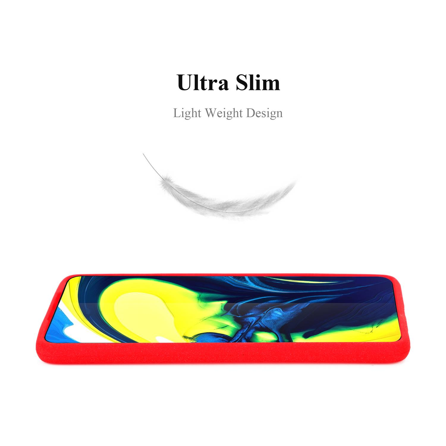 Una custodia rossa con telefono, una piuma fluttuante e il testo 'Ultra Slim'.