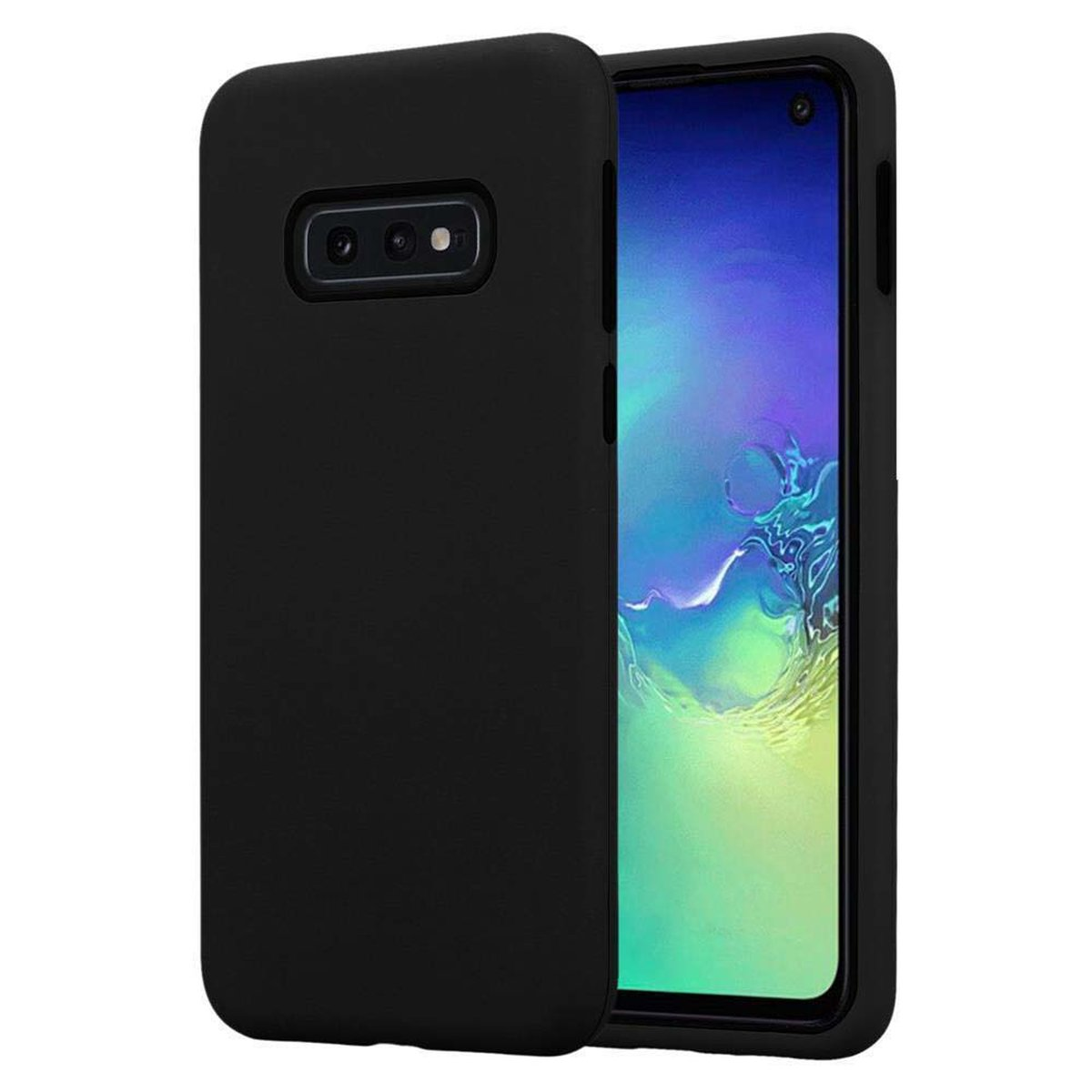 Schwarze Handyhülle. Ein schwarzes Telefon befindet sich in der Hülle. Das Telefon hat eine Kamera.