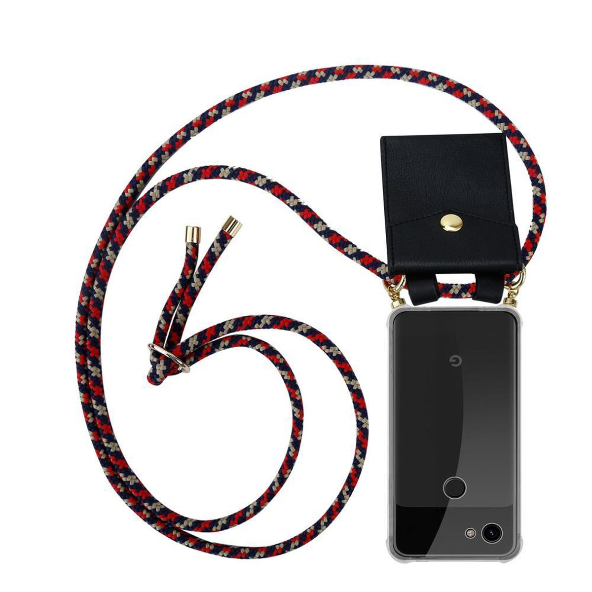 Telefon mit rotem, weißem und blauem Seil. Schwarze Hülle befestigt. Der Hintergrund ist weiß.
