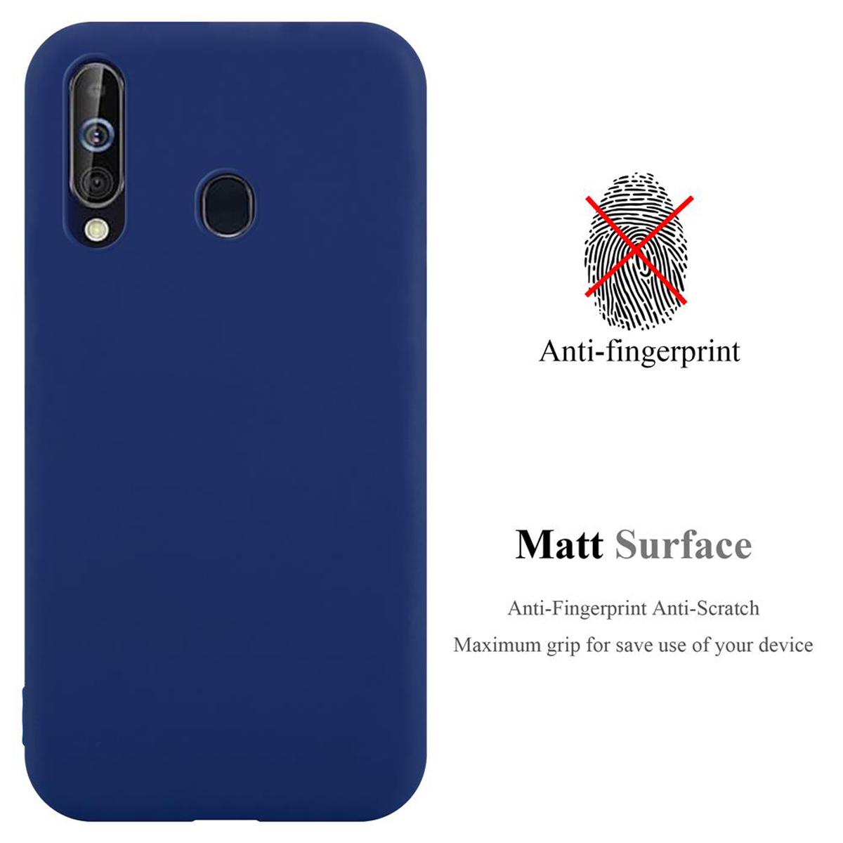 Custodia per telefono blu con testo anti-impronte e superficie opaca, un'impronta digitale sbarrata.