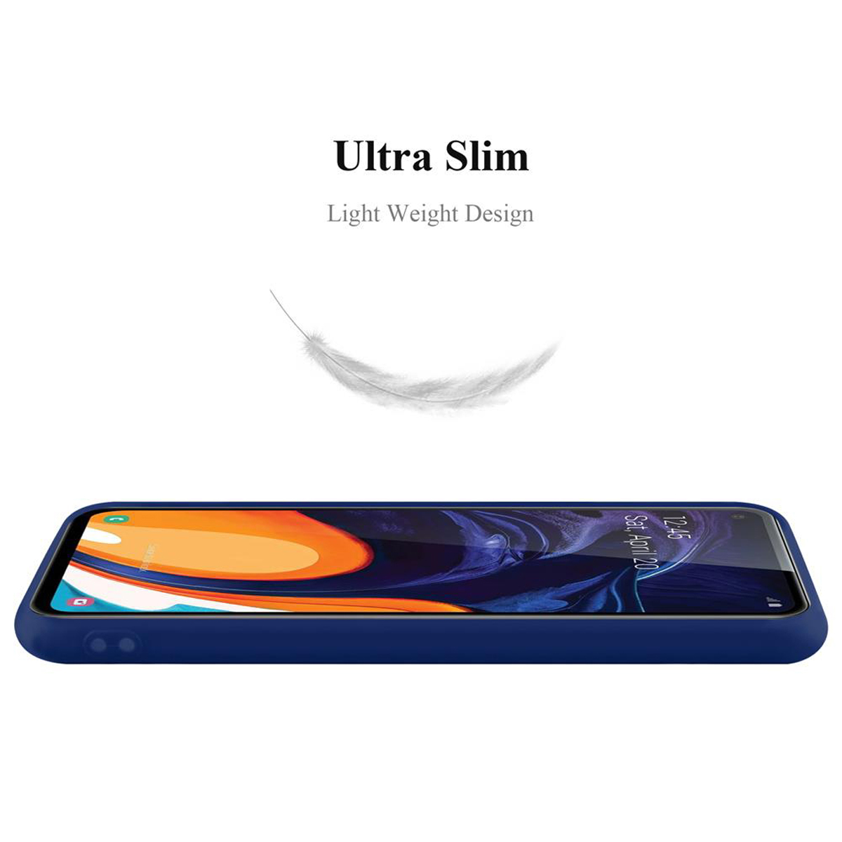 Custodia blu. Telefono nella custodia. Piuma che fluttua sopra il telefono. Sfondo bianco.