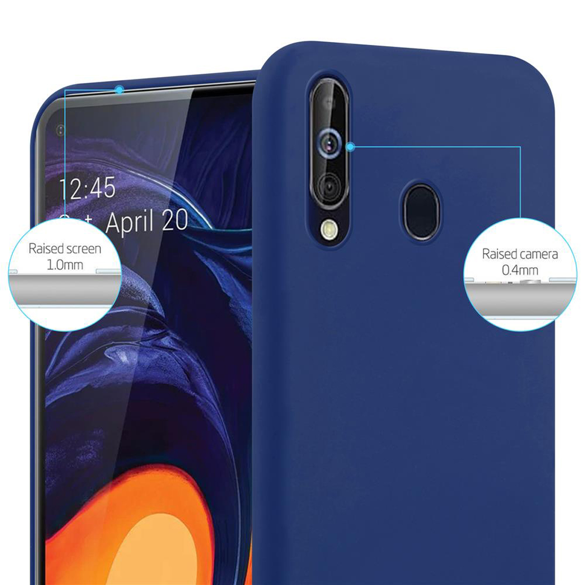Custodia per telefono blu con dettagli dello schermo e della fotocamera, schermo e fotocamera rialzati.