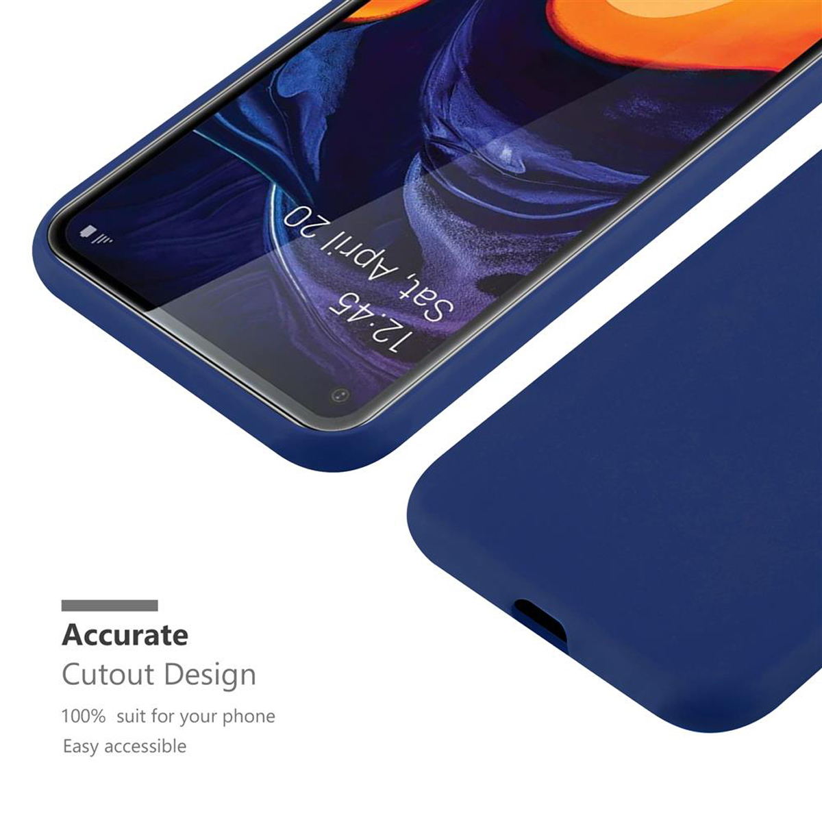 Custodia blu per telefono con un telefono dentro. Lo schermo mostra data e ora.
