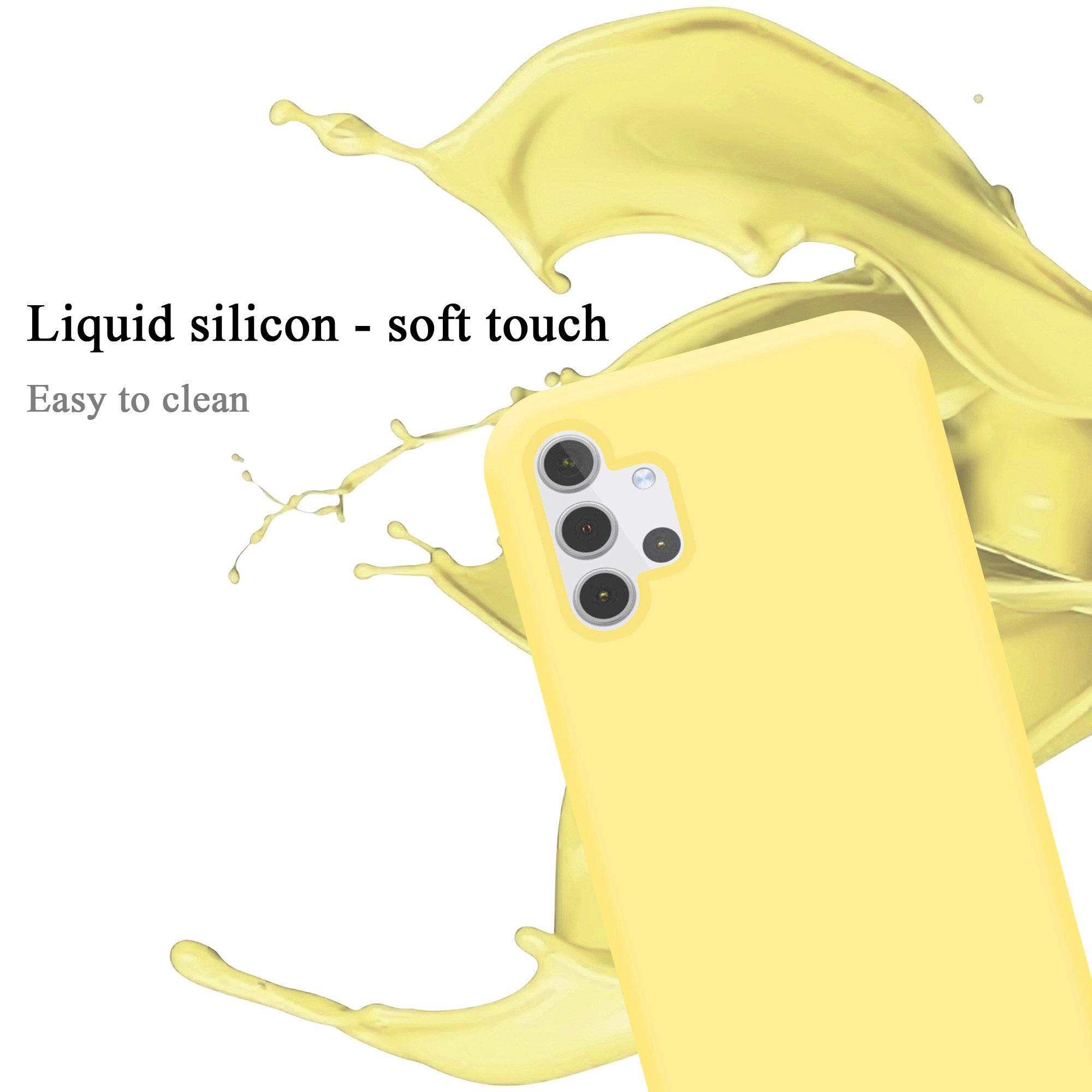 Gelbe Handyhülle mit drei Kameralinsen. Soft-Touch-Flüssigsilikon-Finish und Spritzeffekt.