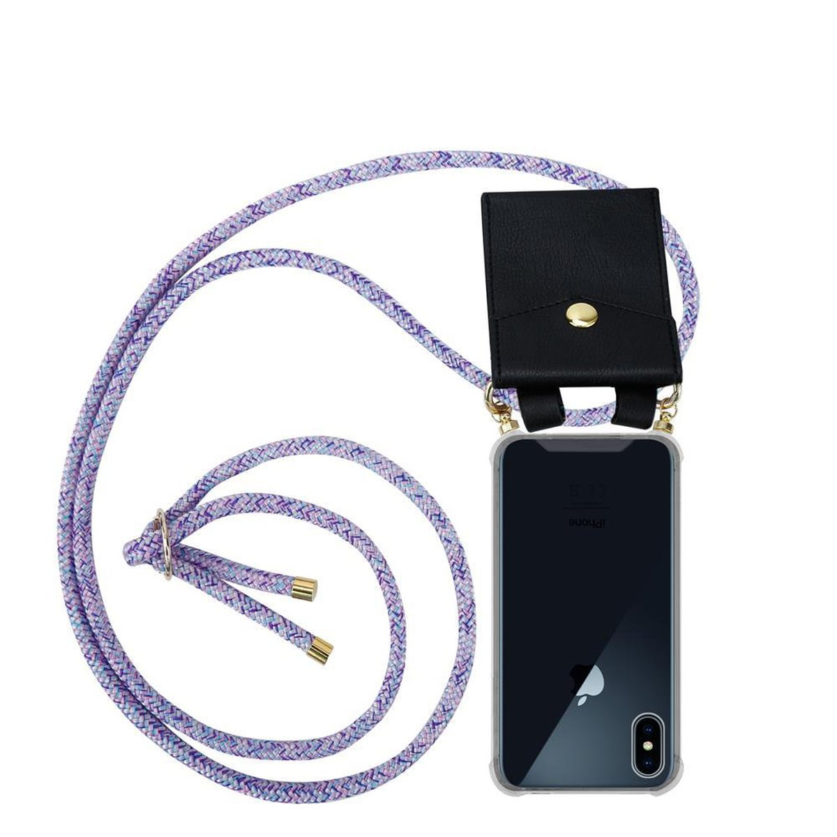 Telefono con custodia in pelle nera e cordino viola.