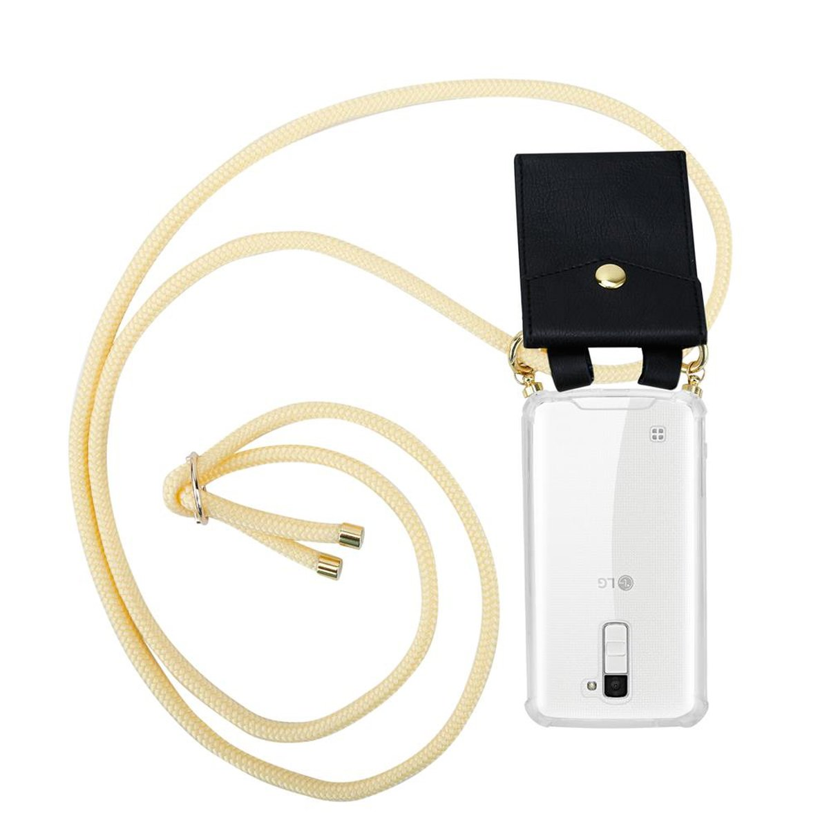 Gelbes Handy-Umhängeband mit schwarzer Handyhülle und Tasche. Das Telefon ist weiß, mit LG-Logo.