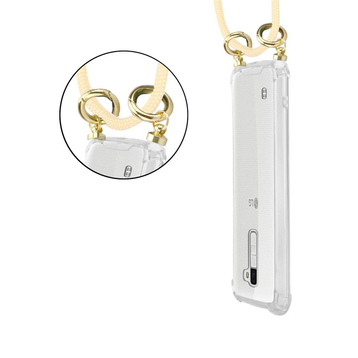 Transparente Handyhülle mit Lanyard. Die Handyhülle ist an einem Lanyard mit goldenen Ringen befestigt.