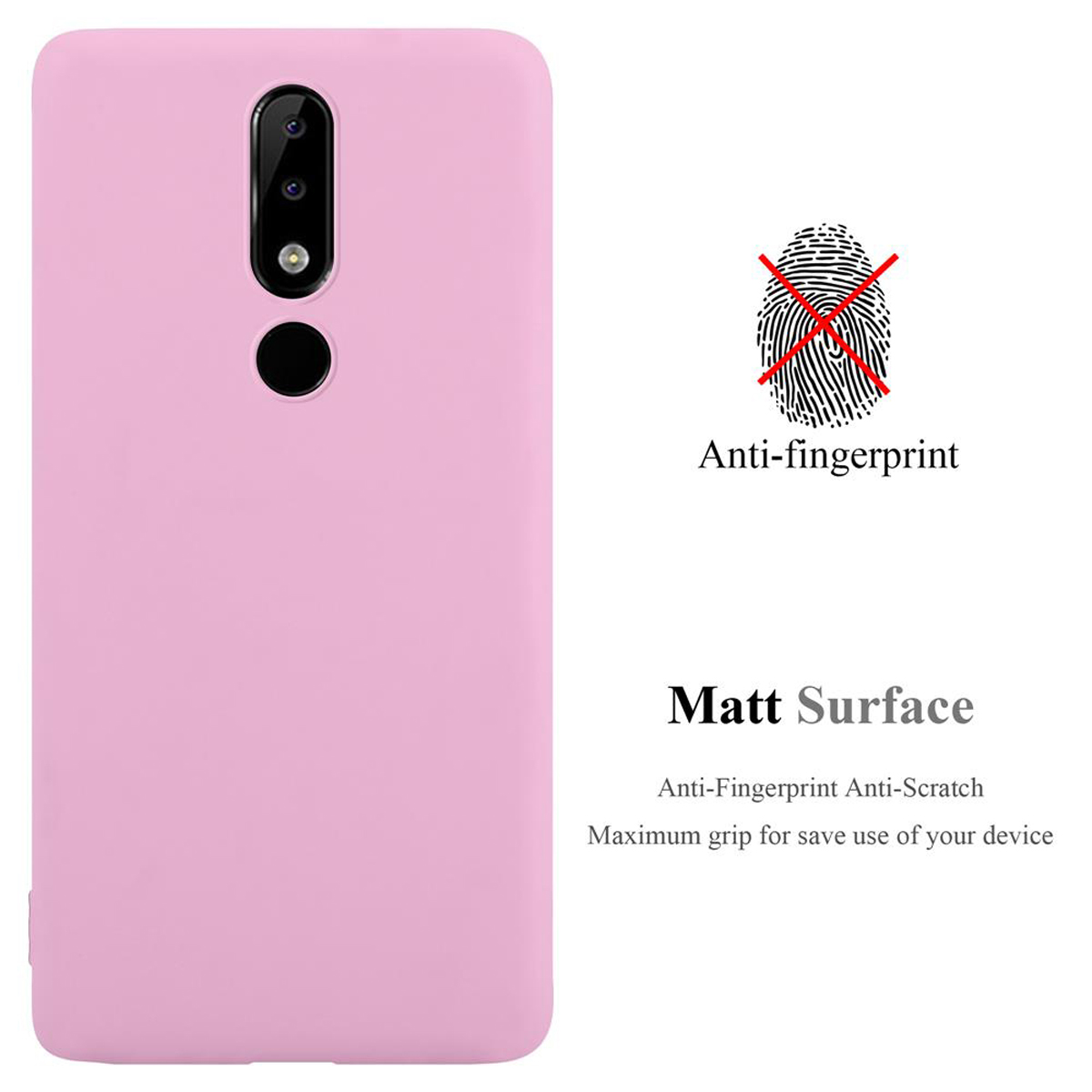 Rosa Handyhülle. Text: 'Anti-Fingerprint', 'Matt Surface'.
