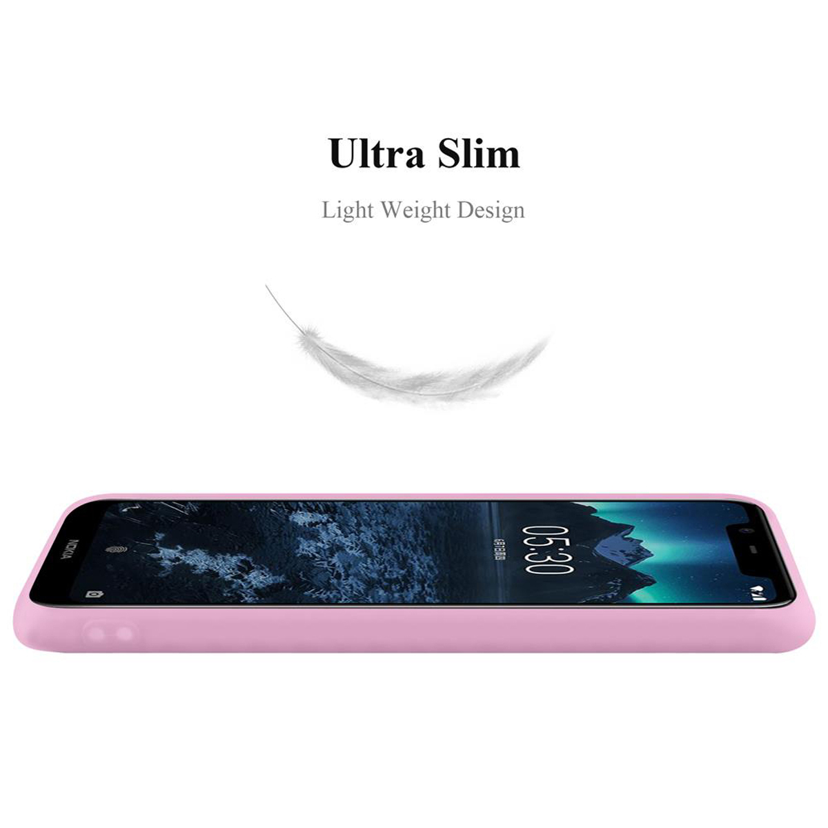 Eine rosa Handyhülle ist von der Seite zu sehen, mit einer Feder, die darüber schwebt. Der Text lautet 'Ultra Slim'.