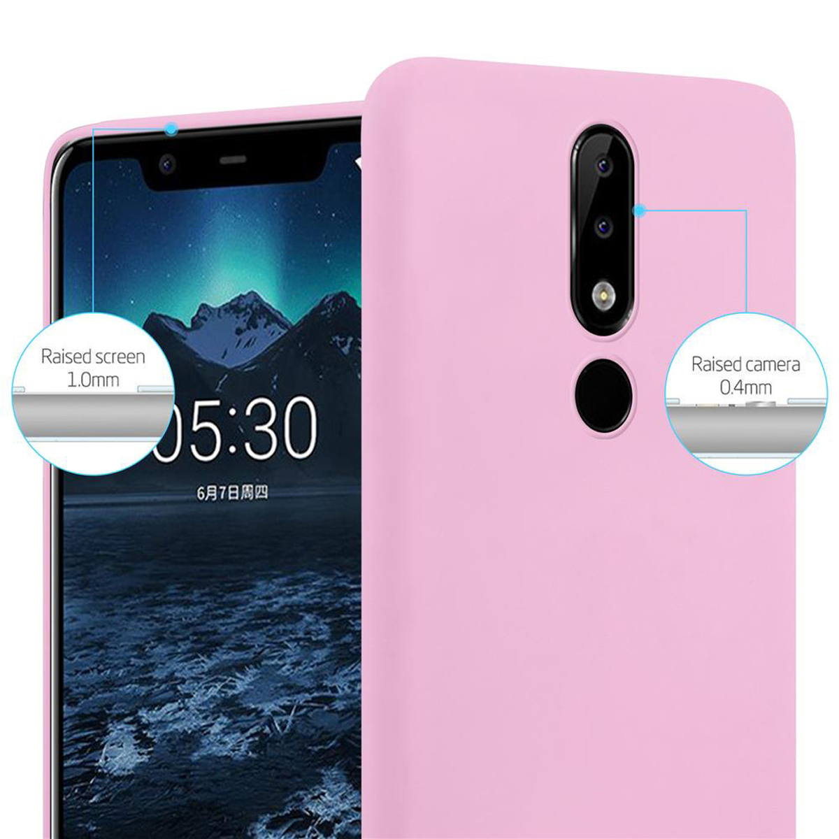 Eine pinke Handyhülle mit einem Telefon darin. Erhöhter Bildschirm und Kameradetails werden mit Messungen hervorgehoben.