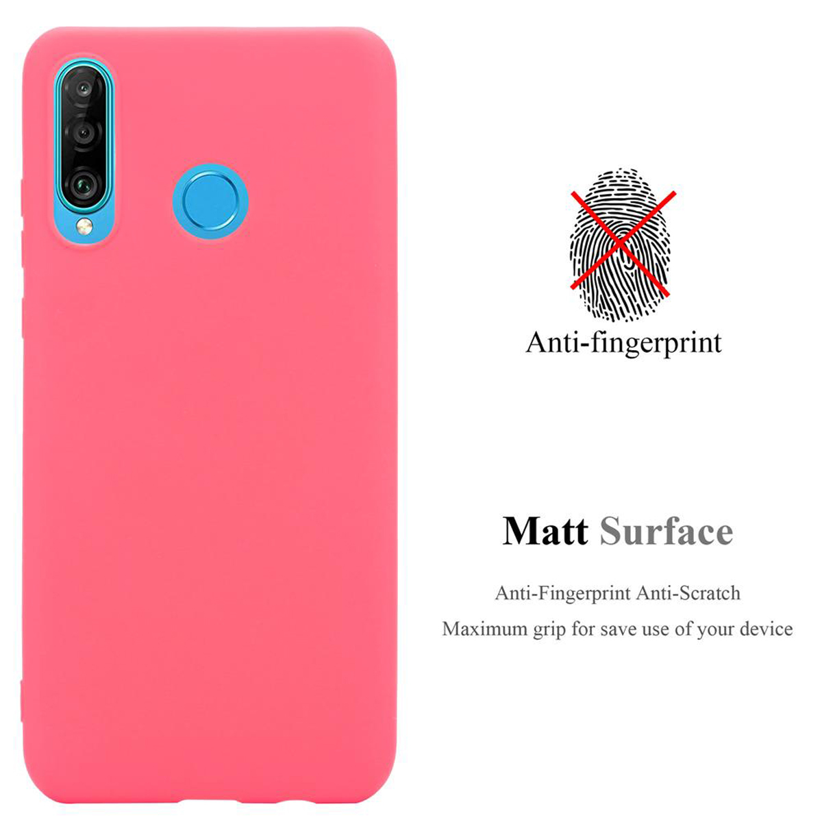 Custodia per telefono rosa. Ha una fotocamera, un pulsante blu e il testo: Anti-impronte. Superficie opaca. Sfondo bianco.