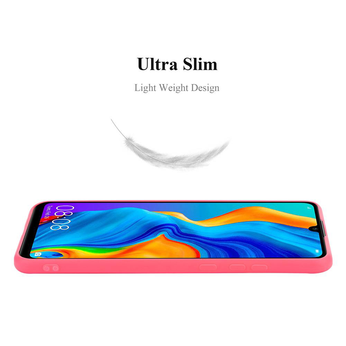 Telefono rosa in una custodia rosa. Una piuma bianca fluttua sopra il telefono.